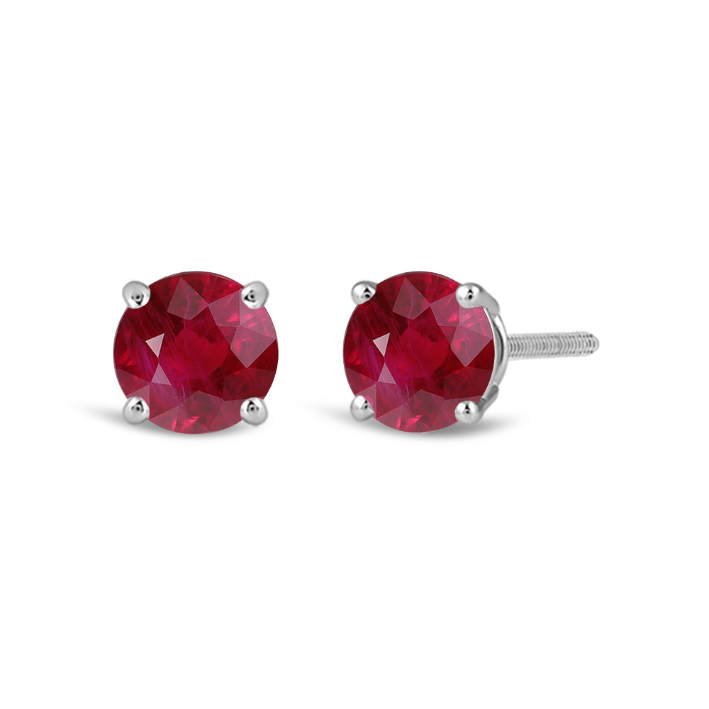 Classic Round Natural Ruby Four Prong Stud Earrings with 6 Cut Diamond in 14KT White Gold view 1

