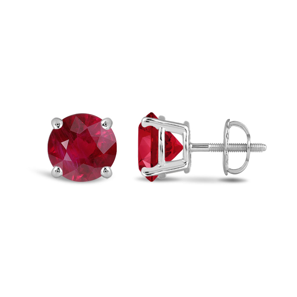 Classic Round Natural Ruby Four Prong Stud Earrings with 6 Cut Diamond in 14KT White Gold view 2
