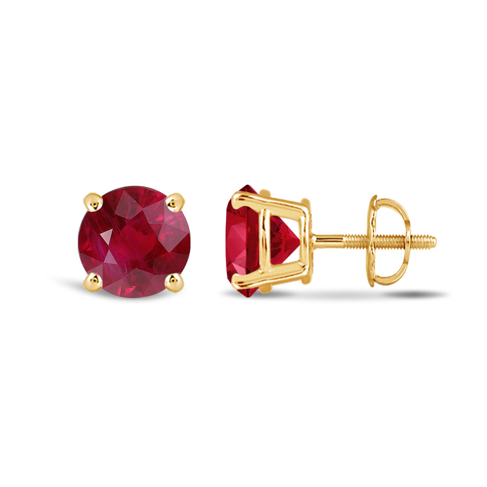 Classic Round Natural Ruby Four Prong Stud Earrings with 6 Cut Diamond in 14KT Yellow Gold view 2
