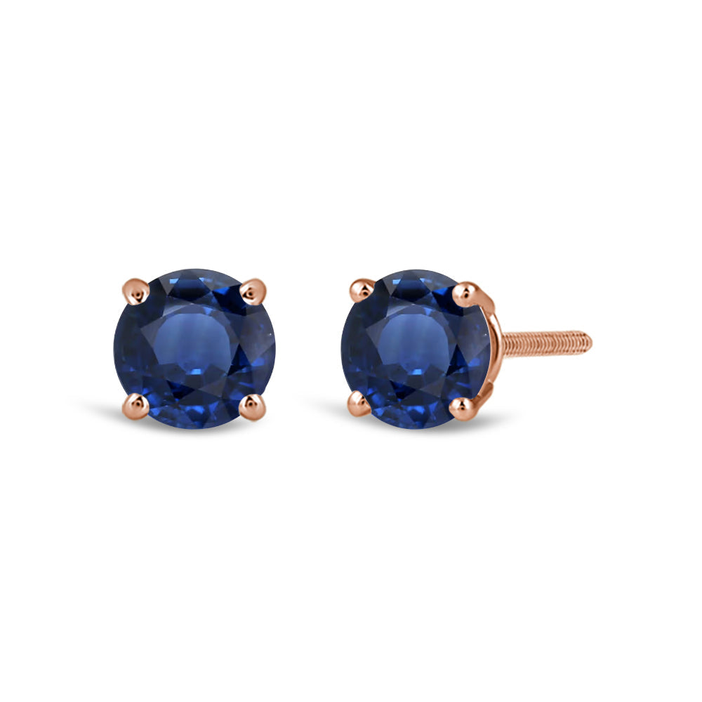 Classic Round Natural Blue Sapphire Four Prong Stud Earrings with 6 Cut Diamond in 14KT Rose Gold view 1
