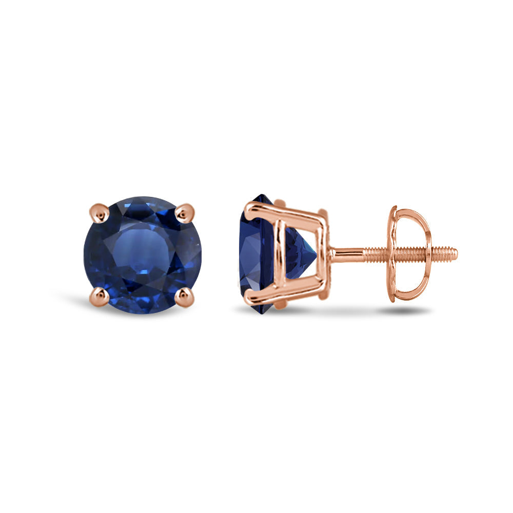 Classic Round Natural Blue Sapphire Four Prong Stud Earrings with 6 Cut Diamond in 14KT Rose Gold view 2
