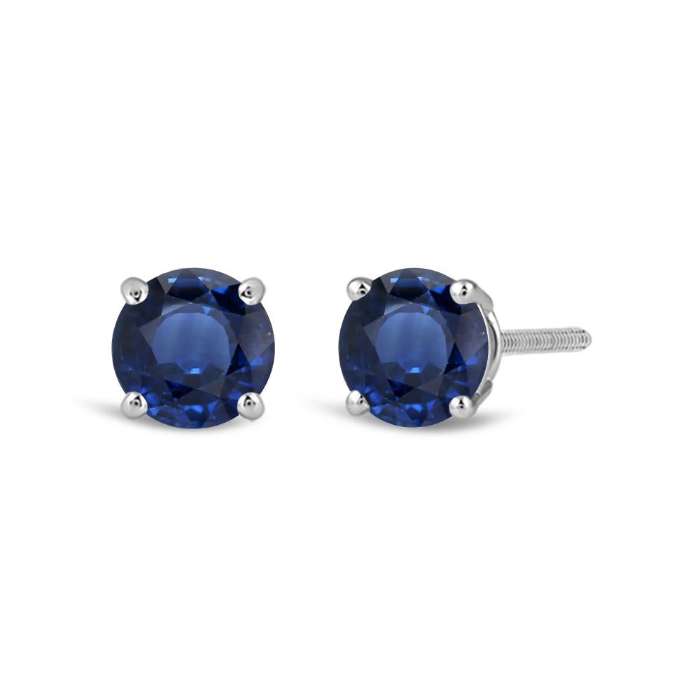 Classic Round Natural Blue Sapphire Four Prong Stud Earrings with 6 Cut Diamond in 14KT White Gold view 1
