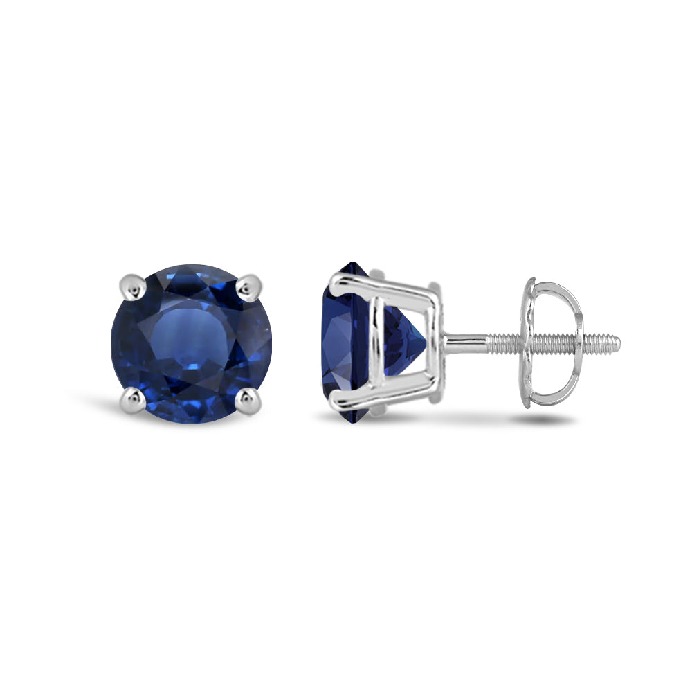 Classic Round Natural Blue Sapphire Four Prong Stud Earrings with 6 Cut Diamond in 14KT White Gold view 2

