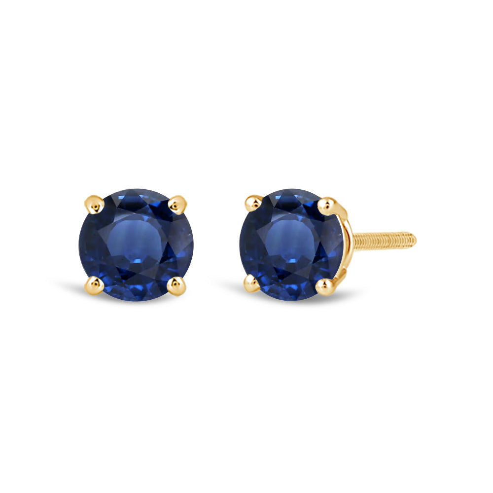 Classic Round Natural Blue Sapphire Four Prong Stud Earrings with 6 Cut Diamond in 14KT Yellow Gold view 1
