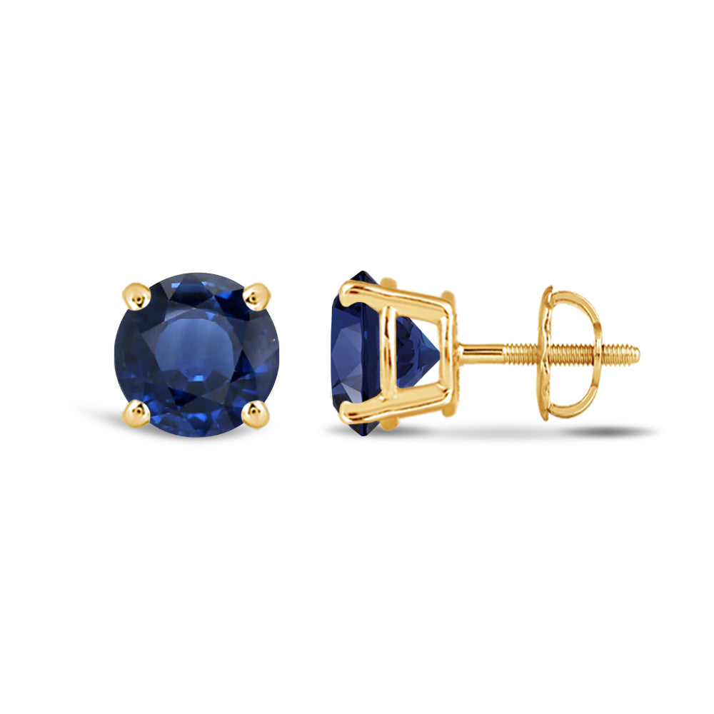 Classic Round Natural Blue Sapphire Four Prong Stud Earrings with 6 Cut Diamond in 14KT Yellow Gold view 2
