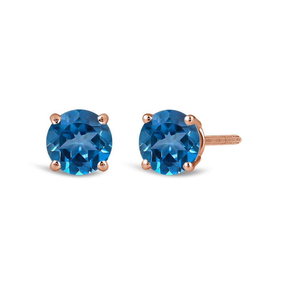 Classic Round London Blue Topaz Four Prong Stud Earrings with 6 Cut Diamond in 14KT Rose Gold view 1
