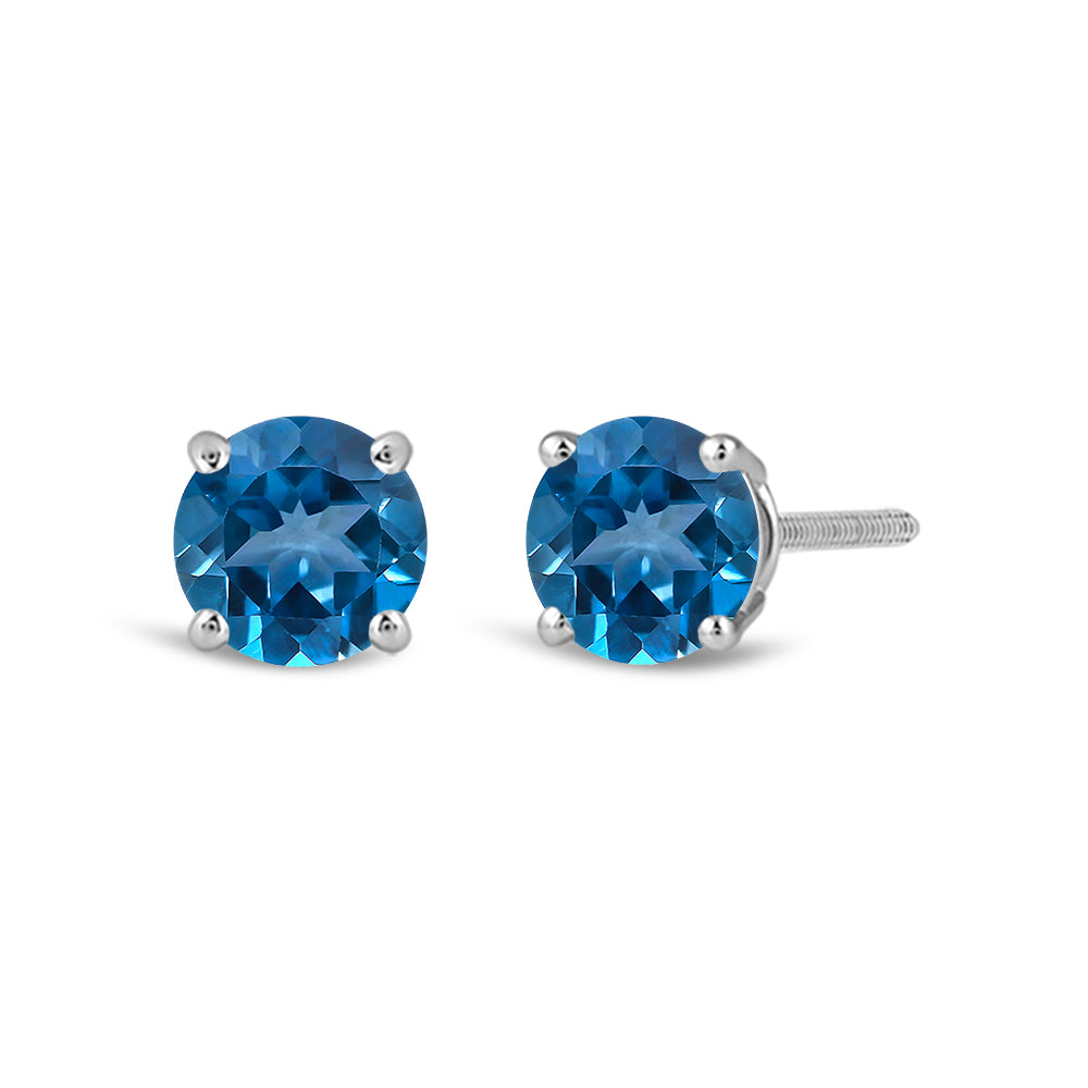 Classic Round London Blue Topaz Four Prong Stud Earrings with 6 Cut Diamond in 14KT White Gold view 1
