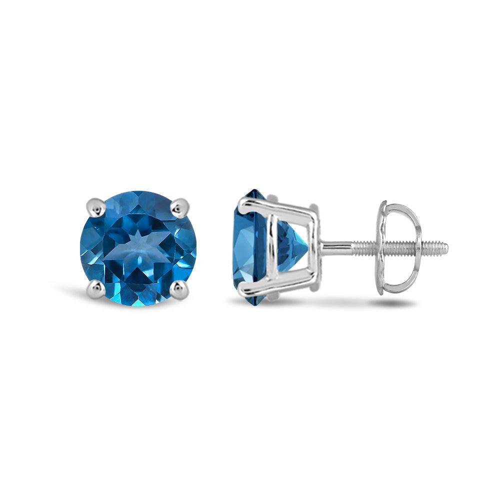 Classic Round London Blue Topaz Four Prong Stud Earrings with 6 Cut Diamond in 14KT White Gold view 2
