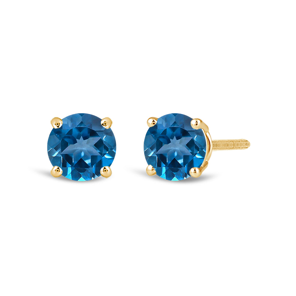 Classic Round London Blue Topaz Four Prong Stud Earrings with 6 Cut Diamond in 14KT Yellow Gold view 1
