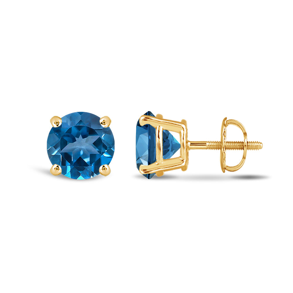 Classic Round London Blue Topaz Four Prong Stud Earrings with 6 Cut Diamond in 14KT Yellow Gold view 2
