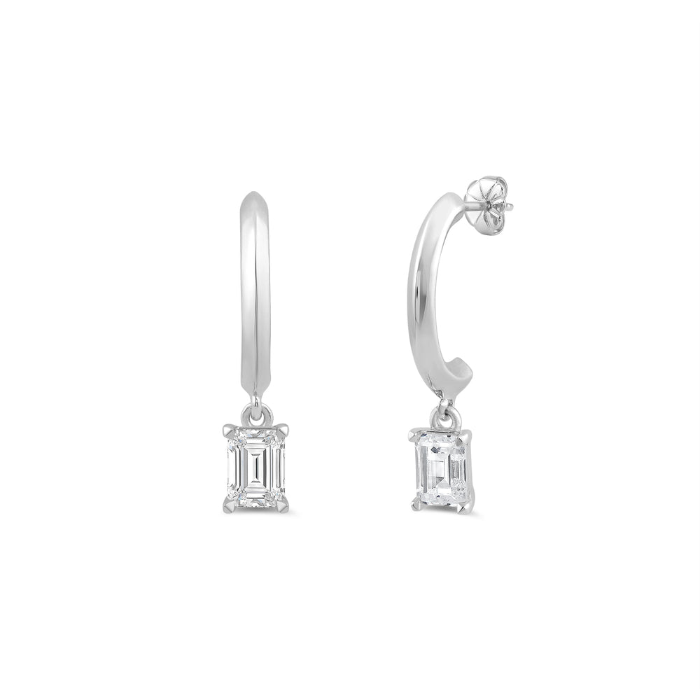 Emerald Diamond Drop Knife Edge Huggies with 14KT White Gold / Lab / 1/2 Cut Diamond in 14KT White Gold / Lab / 1/2 view 1
