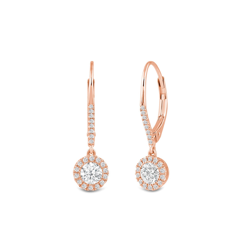 Halo Round Studded Lever Back Created Diamond Drop Earrings with 14KT Rose Gold / Lab / 3/4 Cut Diamond in 14KT Rose Gold / Lab / 3/4 view 1
