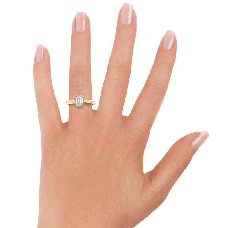 Emerald Cut Tapered Cathedral Solitaire Engagement Ring with Lab Grown Diamond in 14KT Yellow Gold view 4
