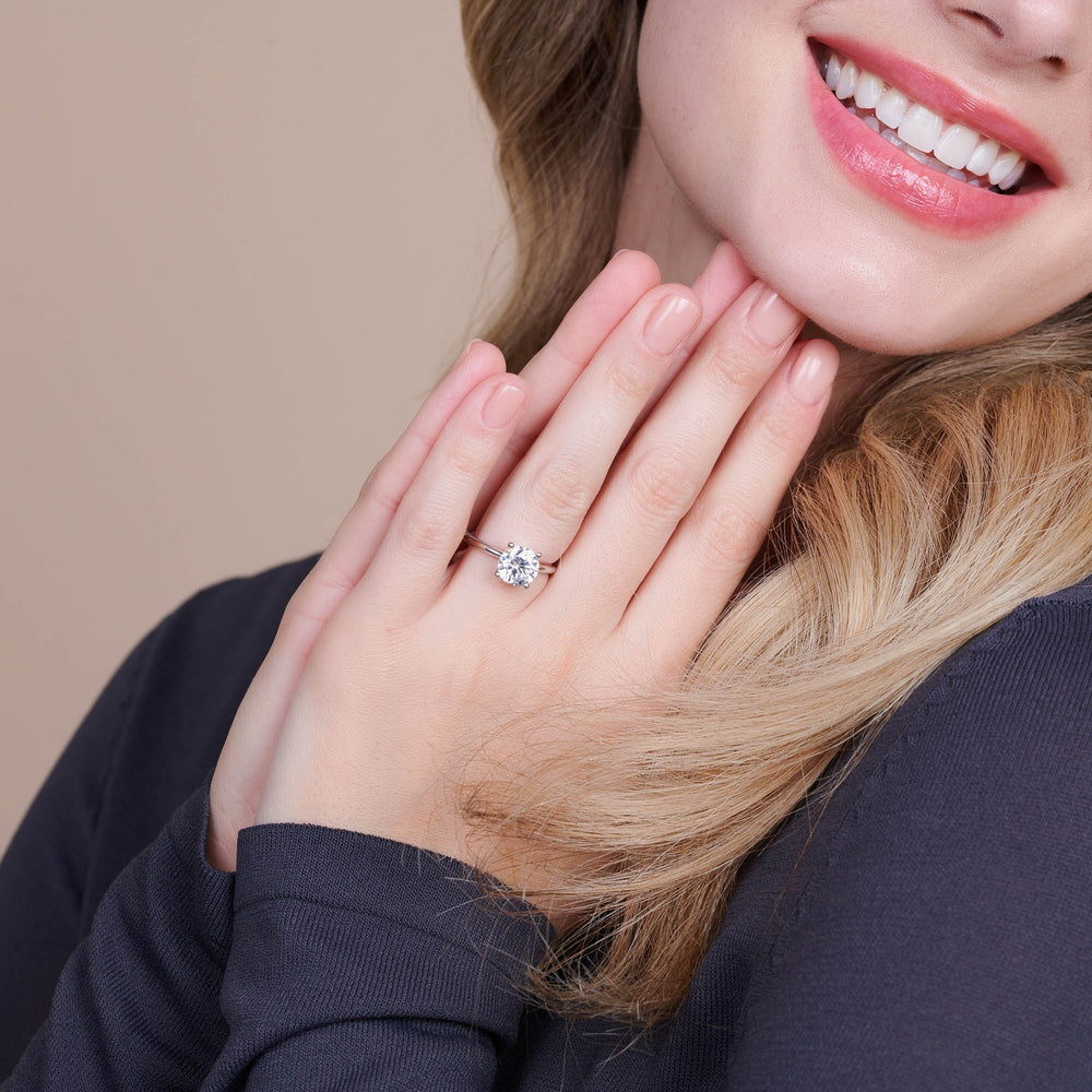 Model Wearing Tapered Cathedral Solitaire Engagement Ring with Lab Grown Diamond view