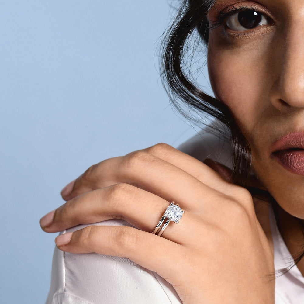 Model Wearing Tapered Cathedral Solitaire Engagement Ring with Lab Grown Diamond view