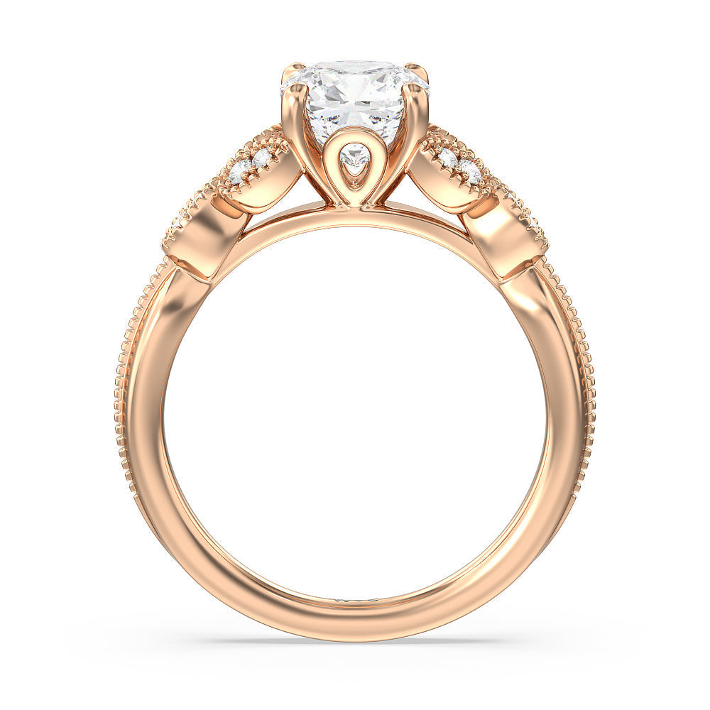 Vintage Filigree Leaf Engagement Ring with Cushion Cut Diamond in 14KT Rose Gold view 2
