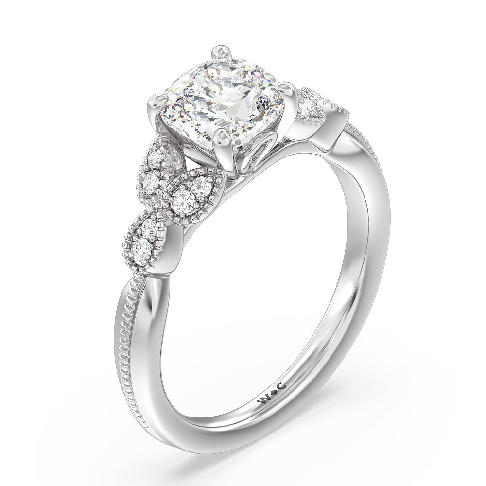 Vintage Filigree Leaf Engagement Ring with Cushion Cut Diamond in 14KT Platinum view 3
