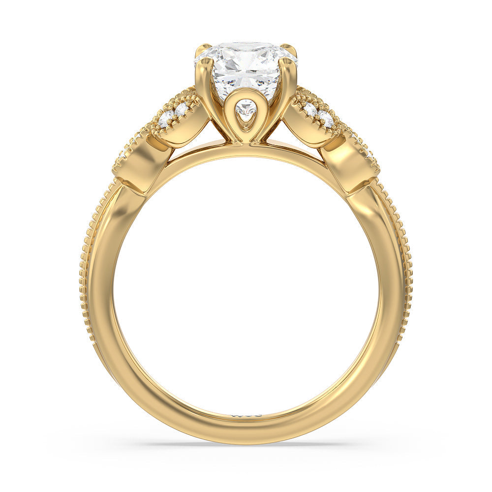 Cushion Cut Vintage Filigree Leaf Engagement Ring with Lab Grown Diamond in 14KT Yellow Gold view 2
