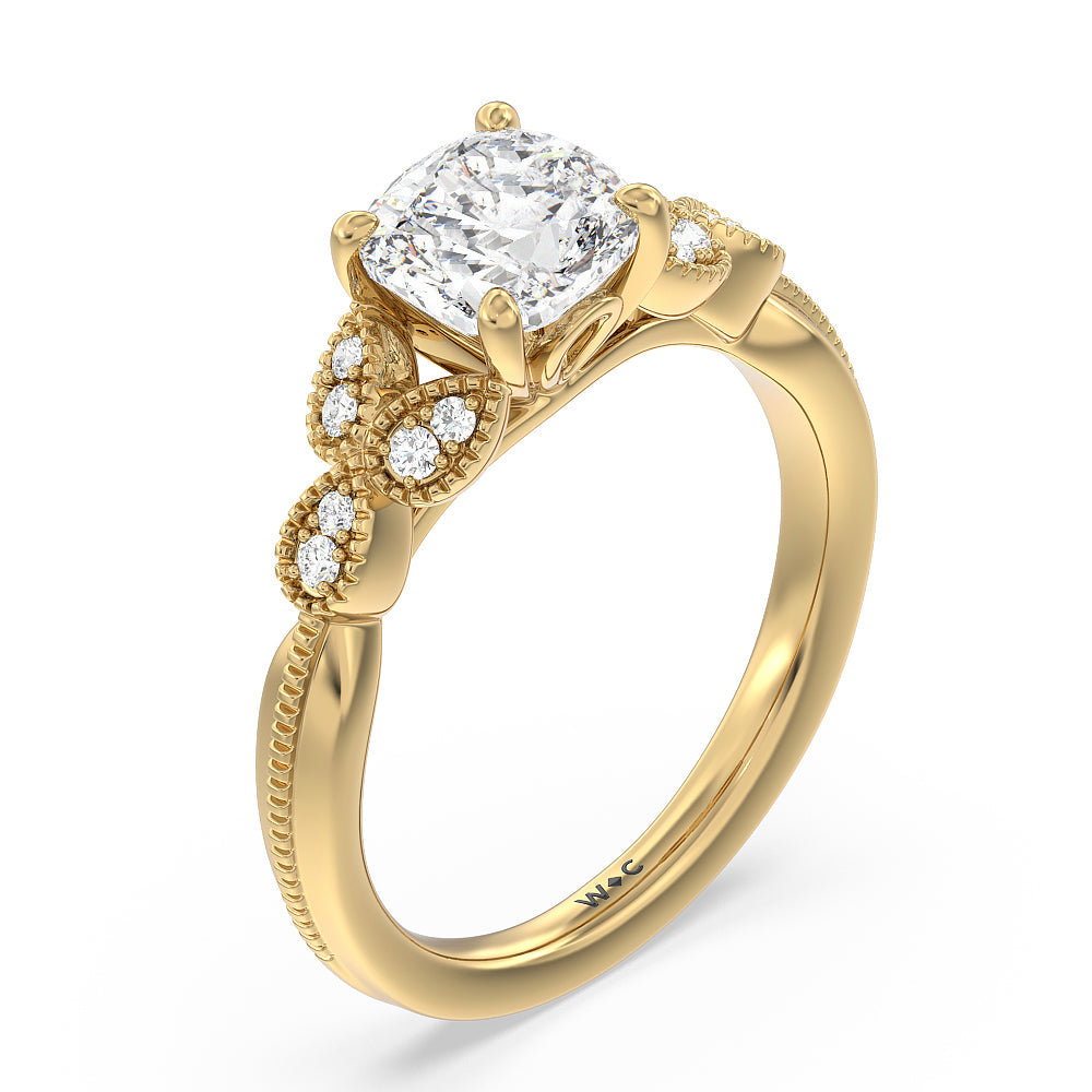 Vintage Filigree Leaf Engagement Ring with Cushion Cut Diamond in 14KT Yellow Gold view 3
