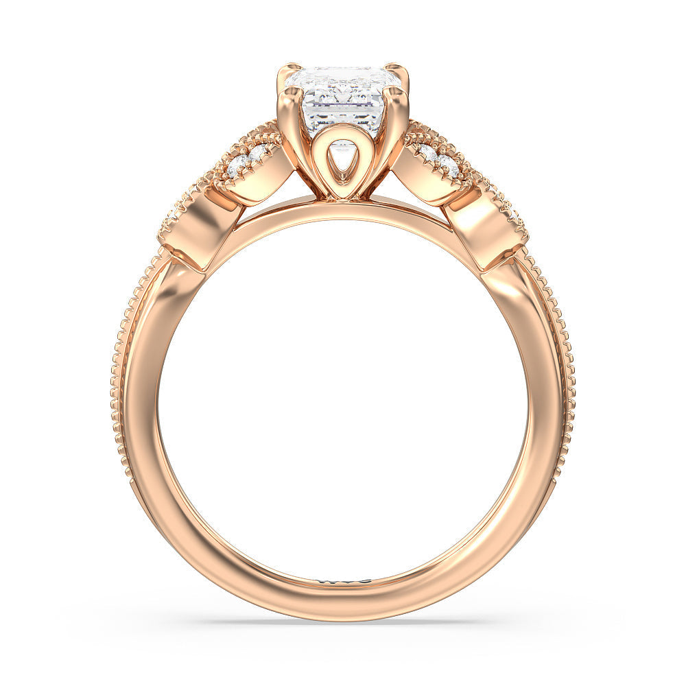 Vintage Filigree Leaf Engagement Ring with Emerald Cut Diamond in 14KT Rose Gold view 2
