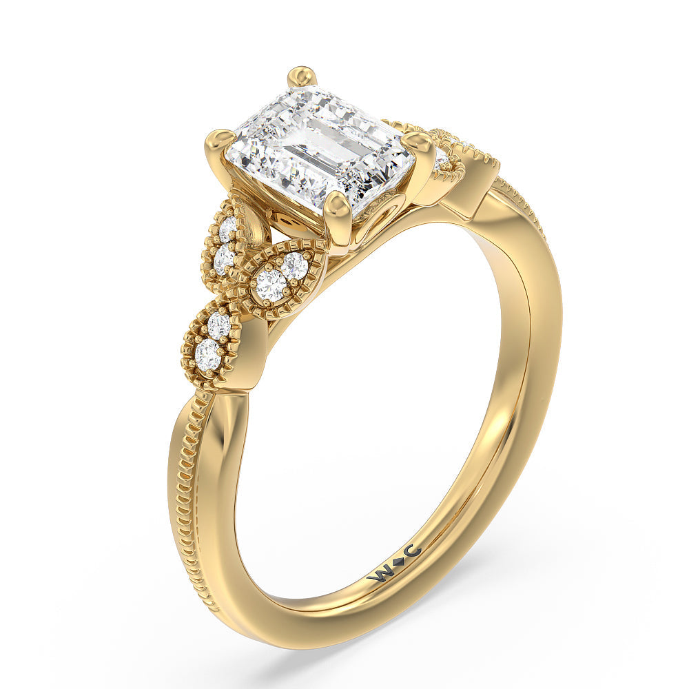 Vintage Filigree Leaf Engagement Ring with Emerald Cut Diamond in 14KT Yellow Gold view 3
