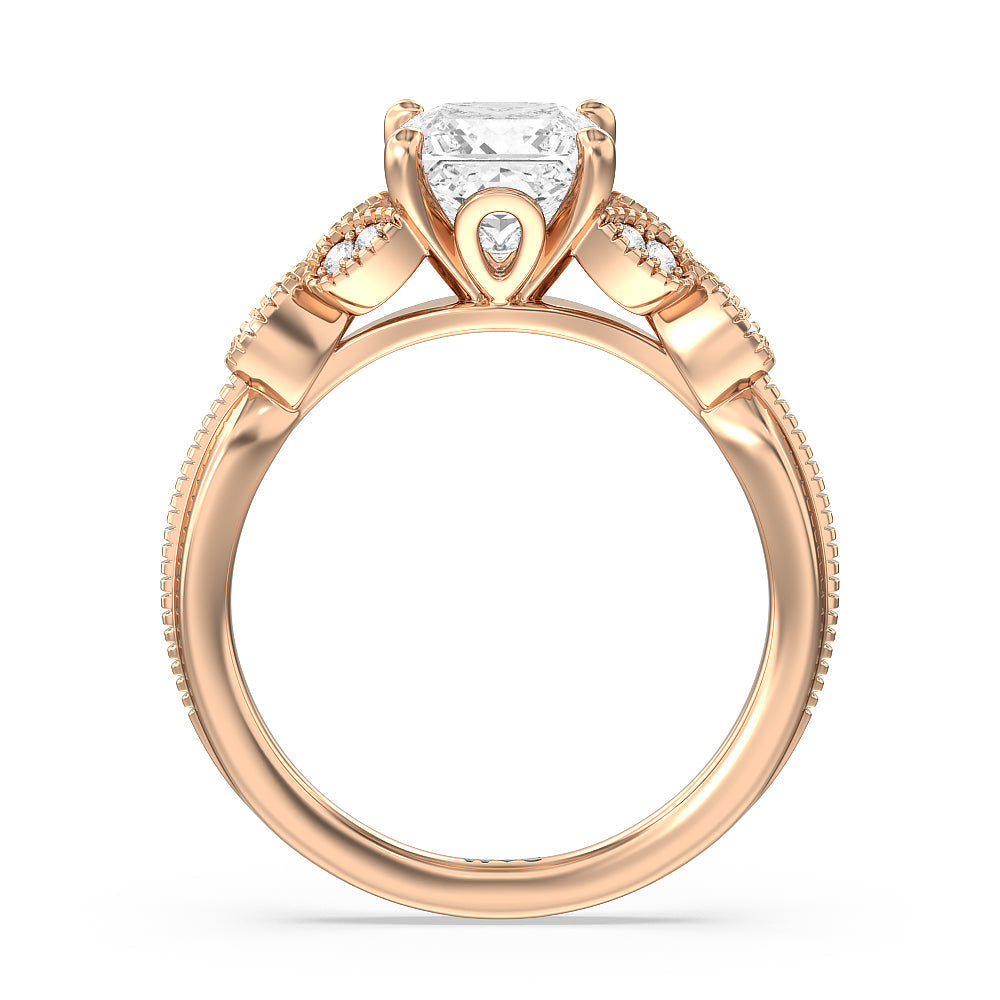 Vintage Filigree Leaf Engagement Ring with Princess Cut Diamond in 14KT Rose Gold view 2
