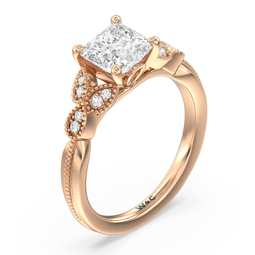 Vintage Filigree Leaf Engagement Ring with Princess Cut Diamond in 14KT Rose Gold view 3
