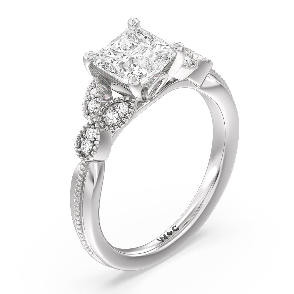 Vintage Filigree Leaf Engagement Ring with Princess Cut Diamond in 14KT Platinum view 3
