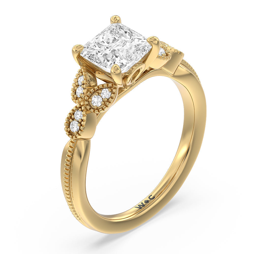Vintage Filigree Leaf Engagement Ring with Princess Cut Diamond in 14KT Yellow Gold view 3
