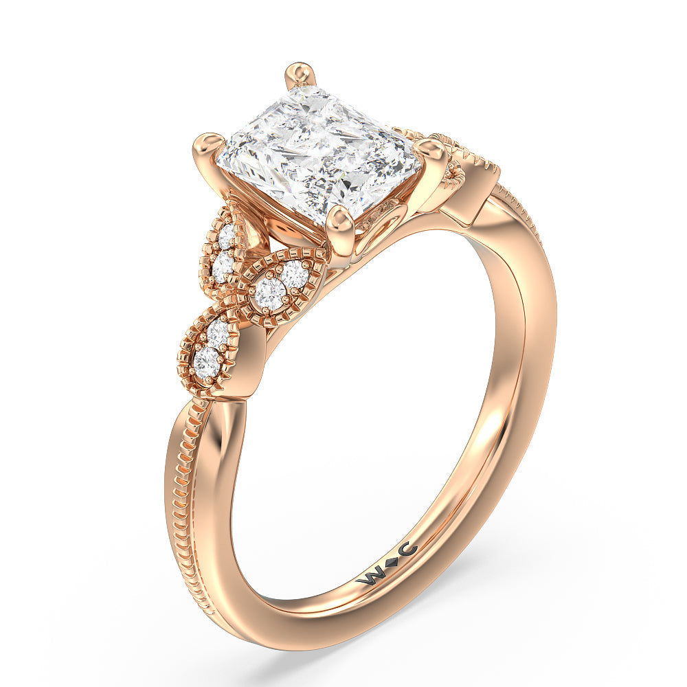 Vintage Filigree Leaf Engagement Ring with Radiant Cut Diamond in 14KT Rose Gold view 3
