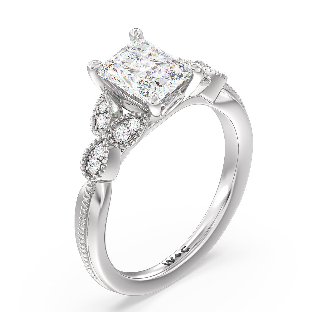 Vintage Filigree Leaf Engagement Ring with Radiant Cut Diamond in 14KT Platinum view 3
