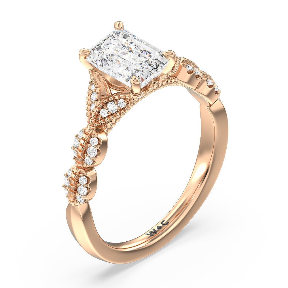 Emerald Cut Vintage Filigree Petal Engagement Ring with Lab Grown Diamond in 14KT Rose Gold view 3
