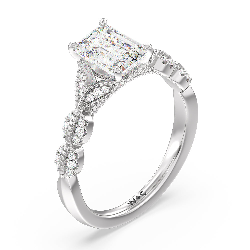 Emerald Cut Vintage Filigree Petal Engagement Ring with Lab Grown Diamond in 14KT Platinum view 3
