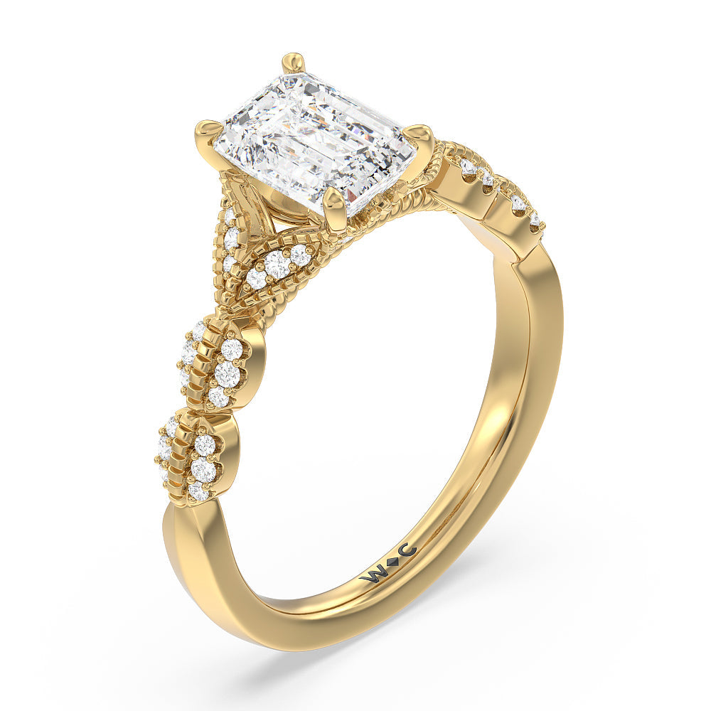 Emerald Cut Vintage Filigree Petal Engagement Ring with Lab Grown Diamond in 14KT Yellow Gold view 3

