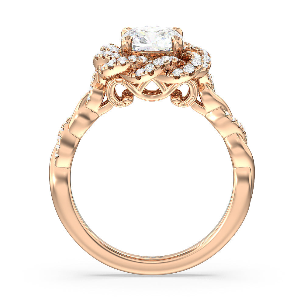 Cushion Cut Vintage Floral Twisted Halo Diamond Engagement Ring with Lab Grown Diamond in 14KT Rose Gold view 2
