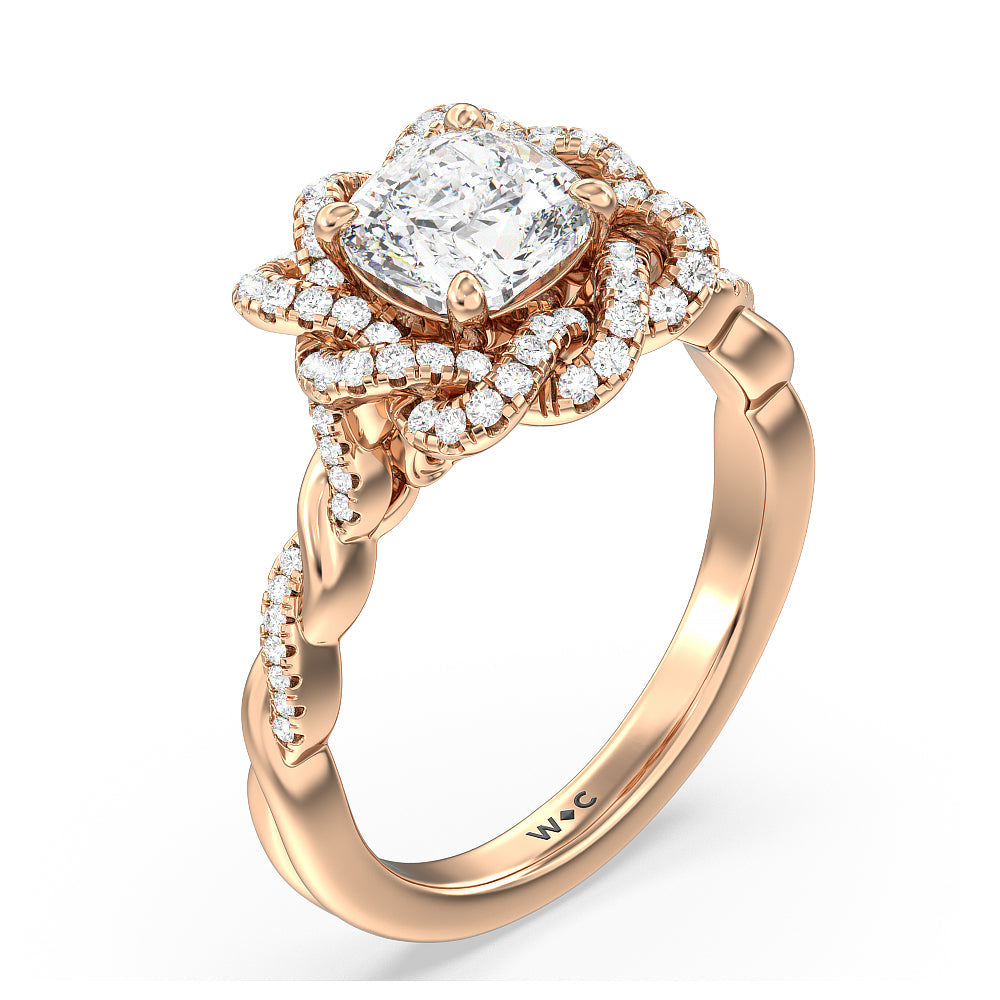 Cushion Cut Vintage Floral Twisted Halo Diamond Engagement Ring with Lab Grown Diamond in 14KT Rose Gold view 3
