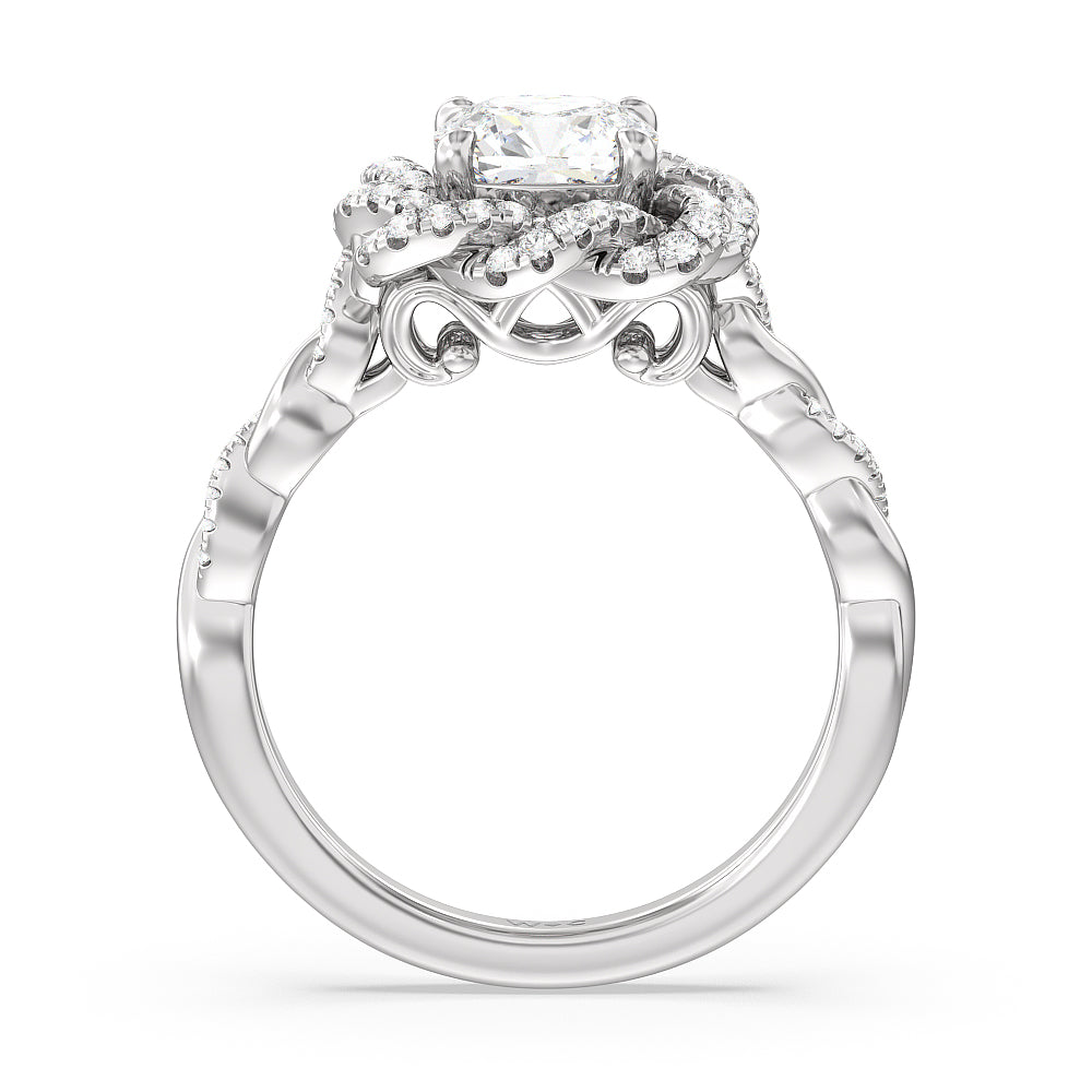 Cushion Cut Vintage Floral Twisted Halo Diamond Engagement Ring with Lab Grown Diamond in 14KT Platinum view 2
