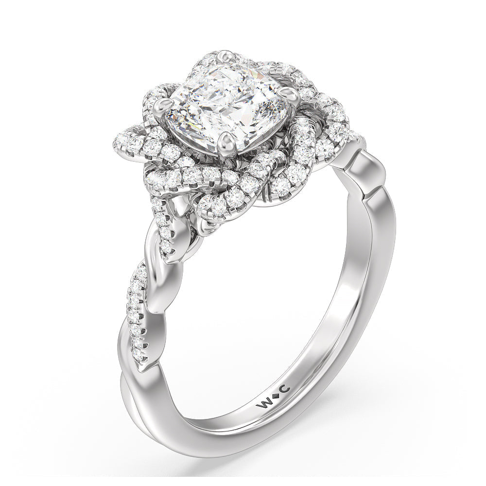 Cushion Cut Vintage Floral Twisted Halo Diamond Engagement Ring with Lab Grown Diamond in 14KT Platinum view 3
