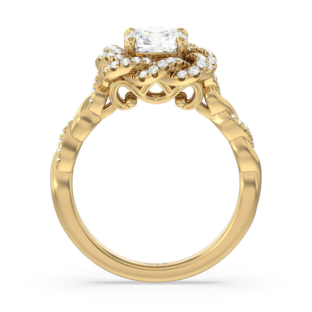 Cushion Cut Vintage Floral Twisted Halo Diamond Engagement Ring with Lab Grown Diamond in 14KT Yellow Gold view 2
