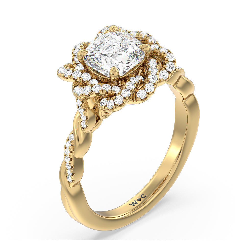 Cushion Cut Vintage Floral Twisted Halo Diamond Engagement Ring with Lab Grown Diamond in 14KT Yellow Gold view 3
