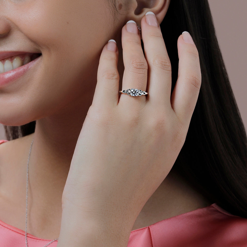 Model Wearing Vintage Celtic Knot Engagement Ring with Lab Grown Diamond view