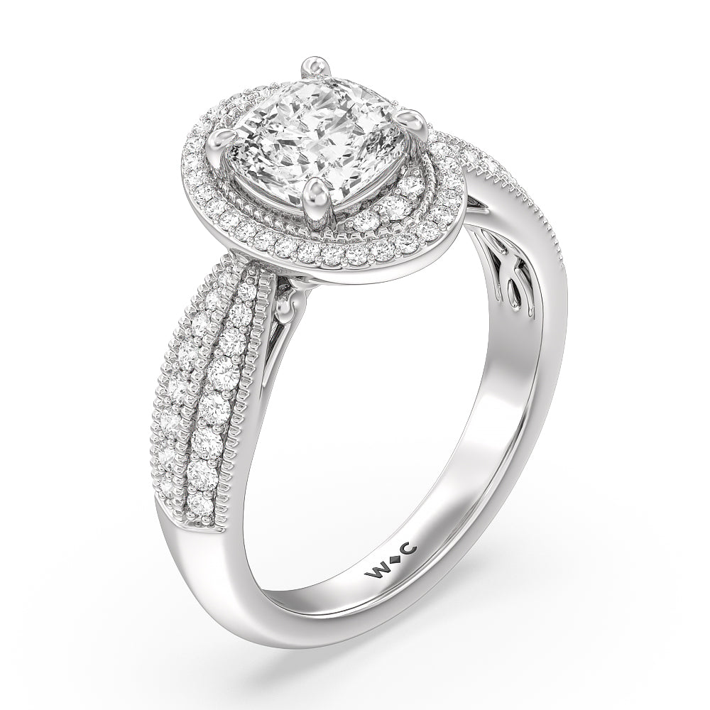 Vintage Oval Halo Engagement Ring with Cushion Cut Diamond in 14KT Platinum view 3

