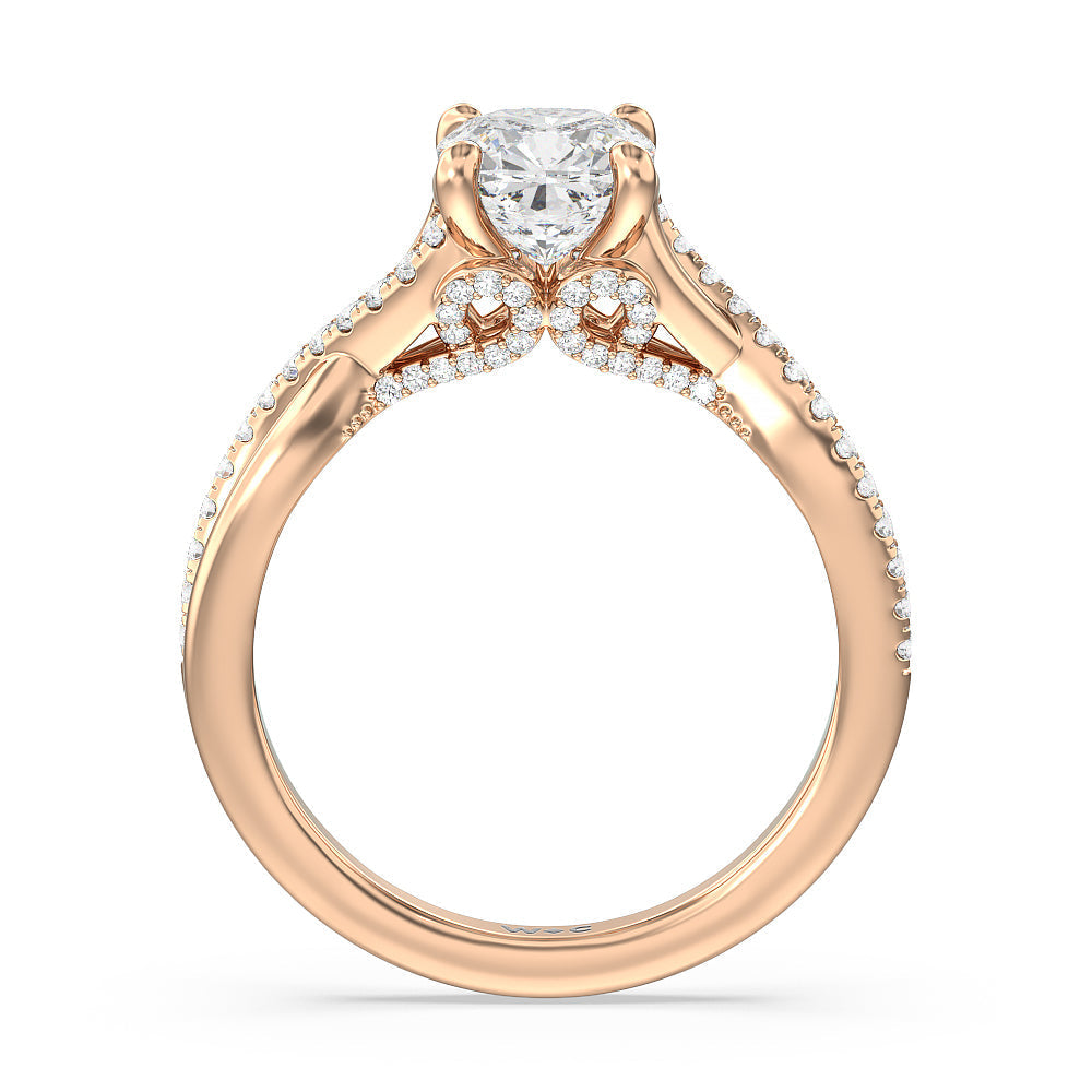 Glamour Ribbon Swirl Engagement Ring with Cushion Cut Diamond in 14KT Rose Gold view 3
