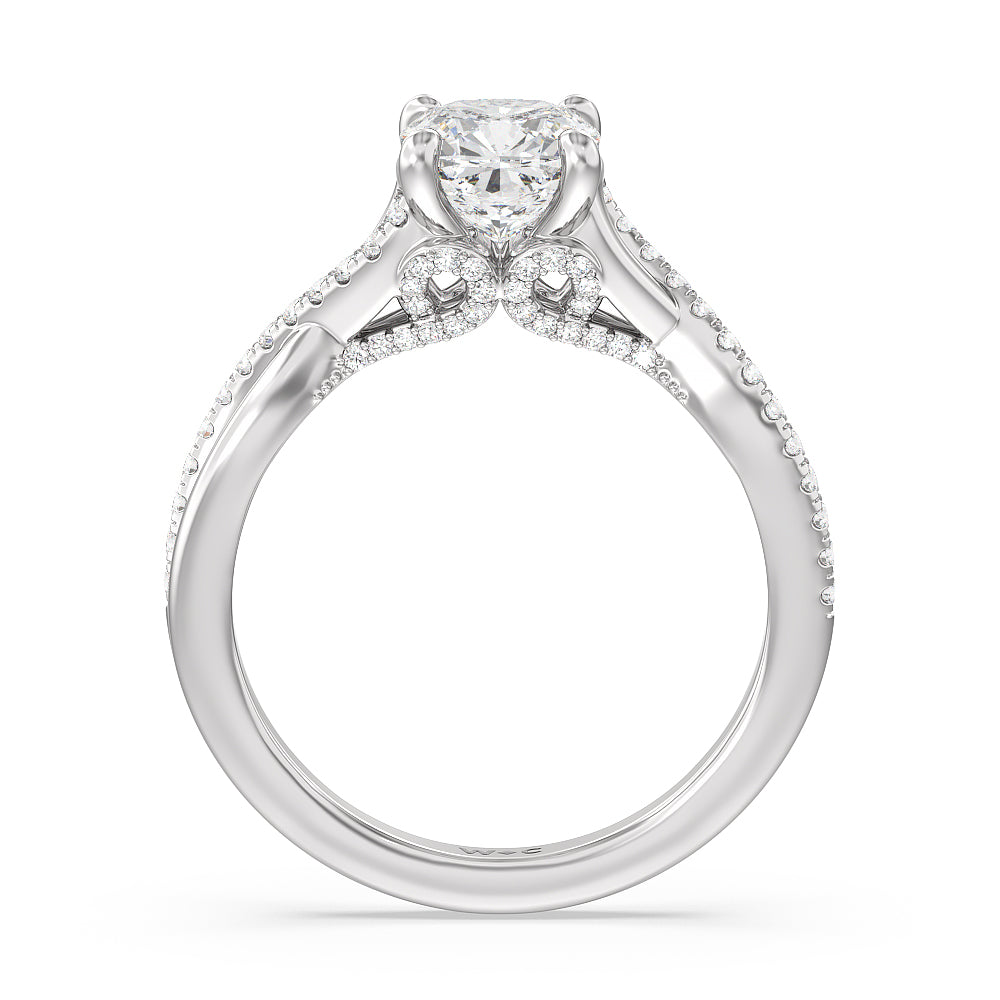 Glamour Ribbon Swirl Engagement Ring with Cushion Cut Diamond in 14KT Platinum view 3
