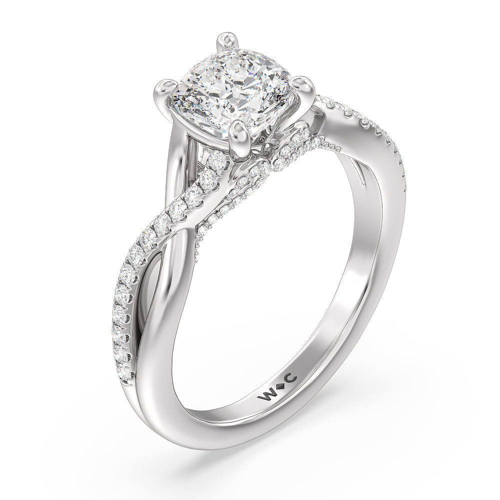 Glamour Ribbon Swirl Engagement Ring with Cushion Cut Diamond in 14KT Platinum view 4

