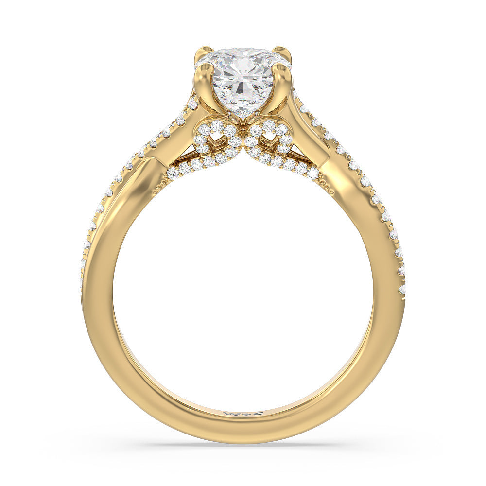 Glamour Ribbon Swirl Engagement Ring with Cushion Cut Diamond in 14KT Yellow Gold view 3
