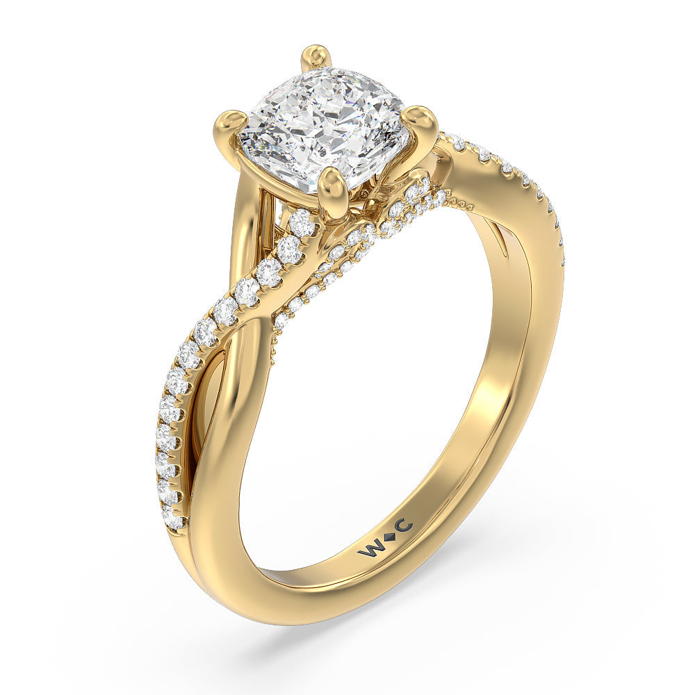Glamour Ribbon Swirl Engagement Ring with Cushion Cut Diamond in 14KT Yellow Gold view 4

