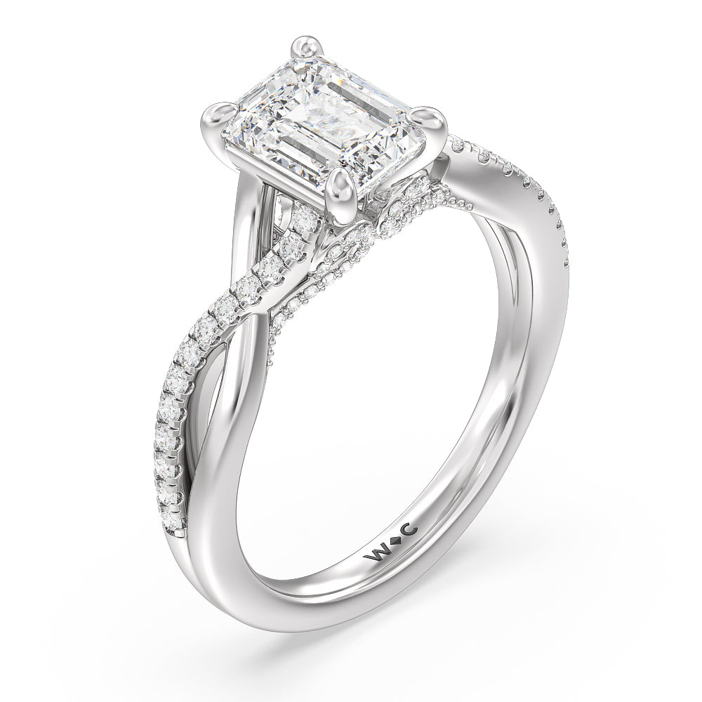 Vintage Glamour Ribbon Swirl Engagement Ring with Emerald Cut Diamond in 14KT Platinum view 4
