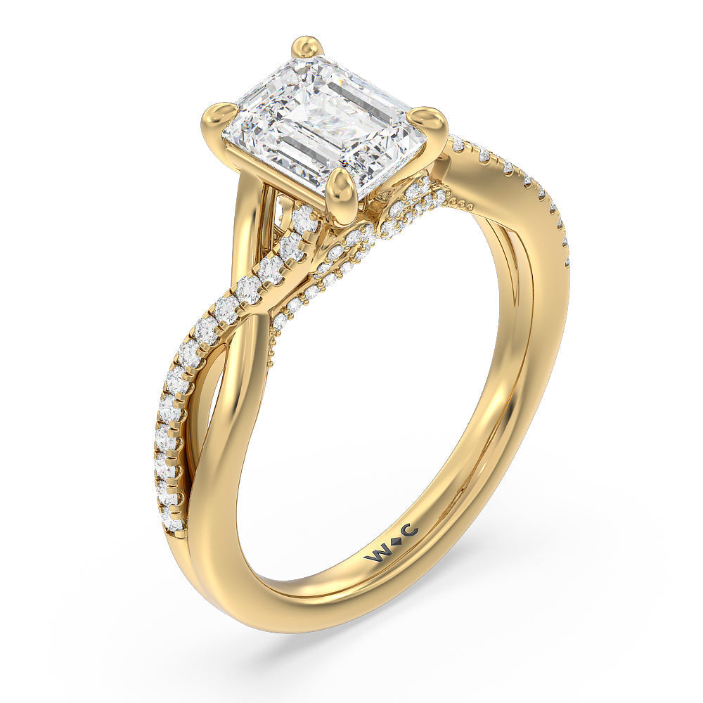 Glamour Ribbon Swirl Engagement Ring with Emerald Cut Diamond in 14KT Yellow Gold view 4
