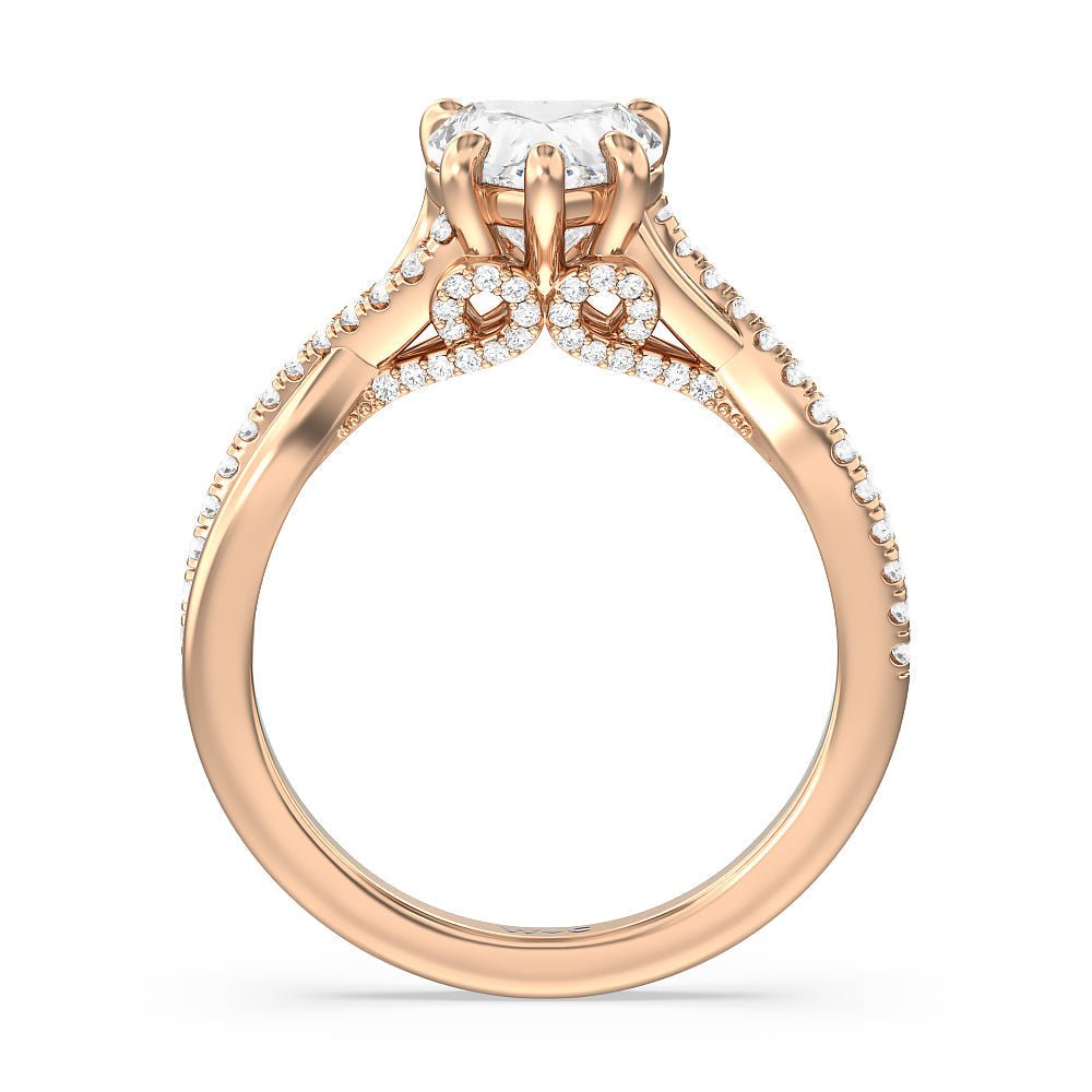 Glamour Ribbon Swirl Engagement Ring with Heart Cut Diamond in 14KT Rose Gold view 3
